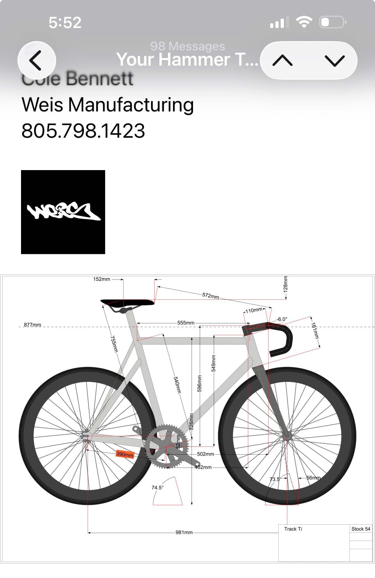 NEW Weis Hammer Ti Track Frameset Titanium Custom Finishing 55.5cm TT 71cm ST center